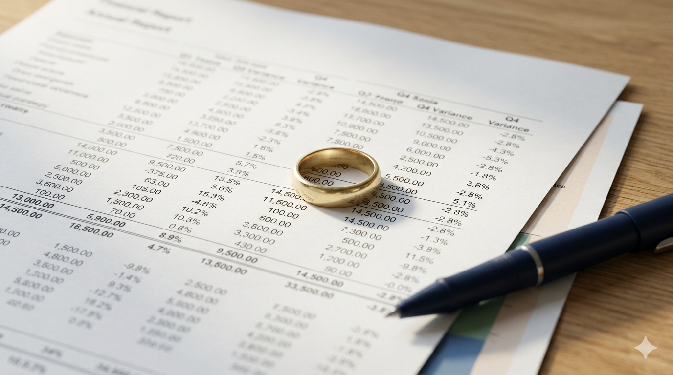 Gold wedding ring resting on a printed financial spreadsheet on a timber desk, with a dark pen laid across the lower corner of the document.